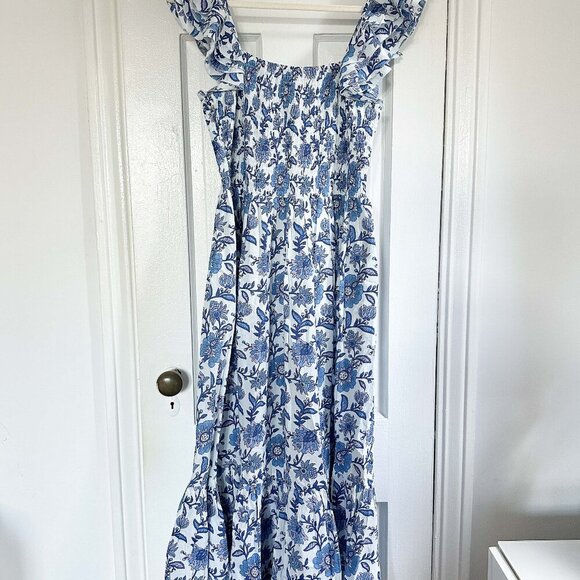 Mille Olympia Smocked Midi Dress Small Floral Blue White Cotton - Med - Picture 2 of 4